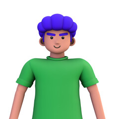 3D ILLUSTRATION RENDERING. PORTRAIT SMILLING MAN CUTE CARTOON CHARACTER YOUNG MALE MODEL STANDING ON ISOLATED WHITE BACKGROUND. MINIMAL SOCIAL MEDIA AVATAR PEOPLE PROFILE PICTURE DESIGN. 
