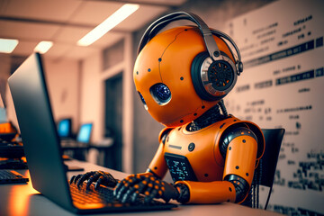 Adorable humanoid robot working on laptop, Generative AI