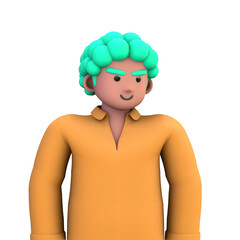 3D ILLUSTRATION RENDERING. PORTRAIT SMILLING MAN CUTE CARTOON CHARACTER YOUNG MALE MODEL STANDING ON ISOLATED WHITE BACKGROUND. MINIMAL SOCIAL MEDIA AVATAR PEOPLE PROFILE PICTURE DESIGN. 
