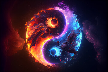 illustration of cosmic yin yang concept - tao symbol with rainbow glow. AI - obrazy, fototapety, plakaty