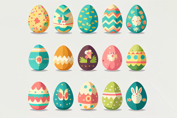 cartoon style illustration of colorful set andmade easter eggs on gray background . AI
