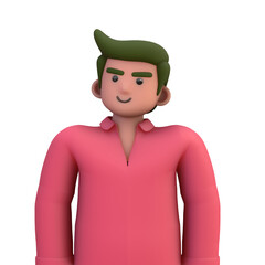 3D ILLUSTRATION RENDERING. PORTRAIT SMILLING MAN CUTE CARTOON CHARACTER YOUNG MALE MODEL STANDING ON ISOLATED WHITE BACKGROUND. MINIMAL SOCIAL MEDIA AVATAR PEOPLE PROFILE PICTURE DESIGN. 