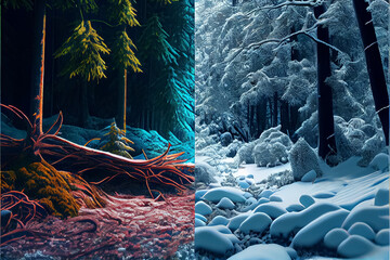 seasonal change autumn, winter, spring and summer landscapes . AI