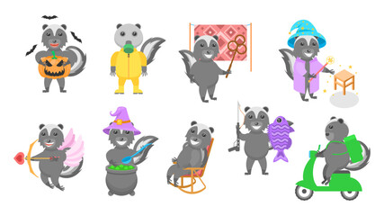 Set Abstract Collection Flat Cartoon Different Animal Skunk Vector Design Style Elements Fauna Wildlife