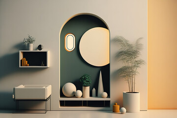 Minimalist vintage style in modern hallway. Interior design mock up concept. Generative AI illustration