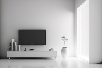 Fototapeta na wymiar Monochrome interior design in tv room area in white colors. Copy space in screen for advertisement. Generative AI illustration