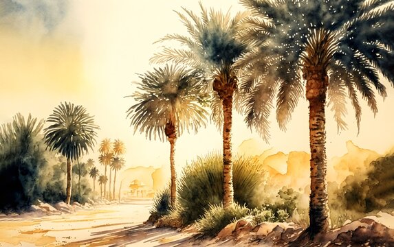 Watercolor painting arabian landscape palm trees
