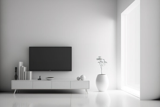 Monochrome interior design in tv room area in white colors. Copy space in screen for advertisement. Generative AI illustration