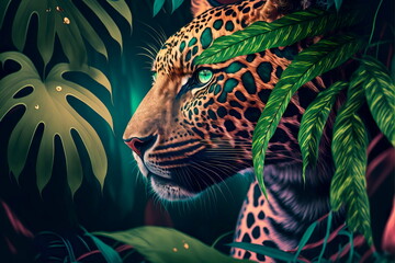 Jaguar watching its prey from the rainforest Generative AI