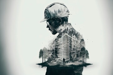 Double exposure Civil engineer, architect or builder working with civil equipment. Generative AI