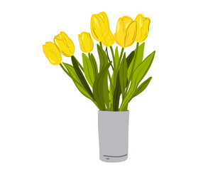 Bouquet of yellow tulips in a gray vase. Vector illustration
