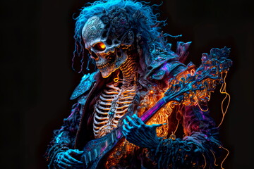 Obraz premium Fantastic guitarist skeleton with creepy guitar Generative AI