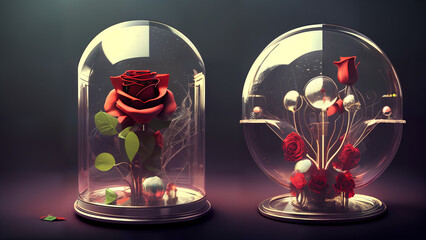 Fototapeta na wymiar A single rose contained in a glass next to an intricate glass sculpture decorated with small roses