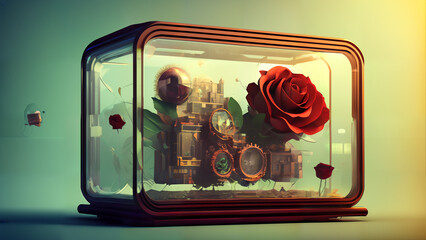 An intricate retro futuristic display of flowers and one large rose