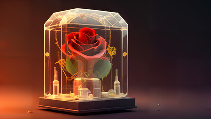 A glass rose encased in a luxurious glass display