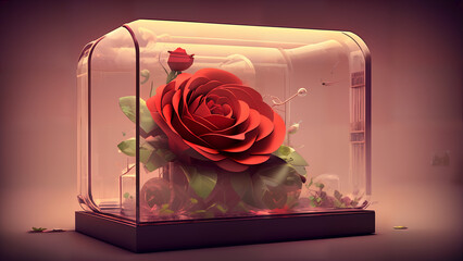 A large luscious rose displayed in a glass container