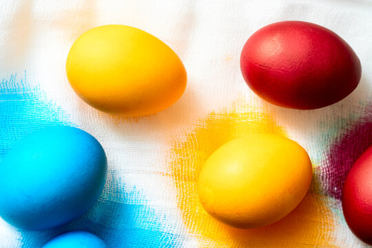 Painted eggs on the table after painting, a symbol of Easter, eggs 
