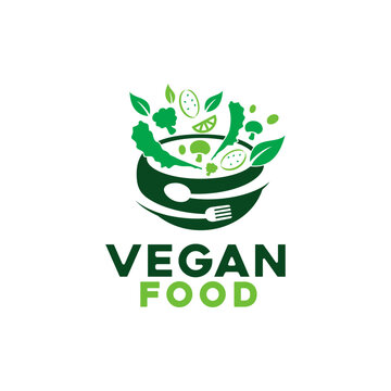 Healthy vegetarian food logo design. Vector illustration vegetables, salad, fork, spon and bowl. modern logo design vector icon template
