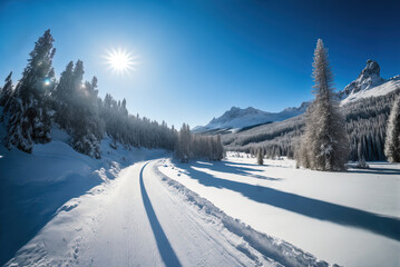 Fototapeta na wymiar Midday in a winter landscape on a mountain slope among snow-covered pines and snowdrifts. Snowy road leading into the forest. Winter background, 2023, the sun at its zenith, the mountain in the distan