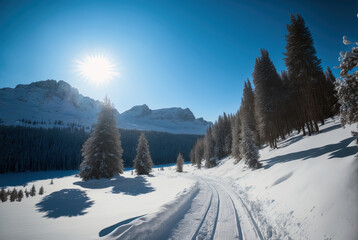 Midday in a winter landscape on a mountain slope among snow-covered pines and snowdrifts. Snowy road leading into the forest. Winter background, 2023, the sun at its zenith, the mountain in the distan