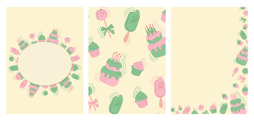 A set of posters with cakes and cakes for a birthday, a holiday. A collection of vector banners made of sweet cupcakes, cupcakes, popsicles, cake pops. seamless pattern with sweets