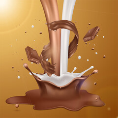 Liquid chocolate splash, cocoa sauce with milk. Drink drops, flow food texture, sweet creamy snacks. Melt cream in motion. Flying tasty candies. 3d isolated vector realistic illustration