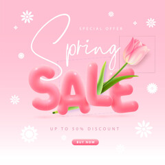 Spring big sale typography poster with realistic full blossom tulip and 3D text. Vector illustration