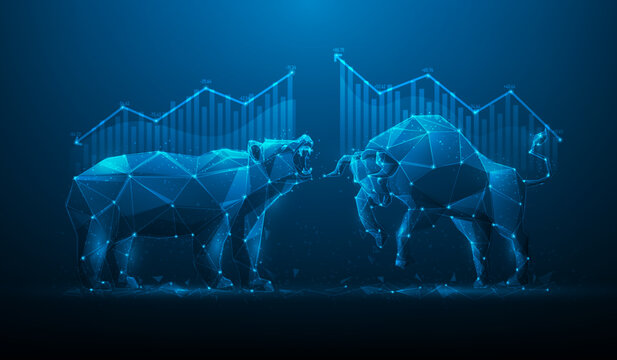 bull and bear market finance digital technology. stock marketing increase and decrease. business forex trading financial investment. vector illustration fantastic low poly wireframe. economic trends.
