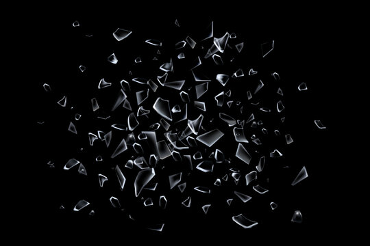 Broken glass shards. Explosion debris. Black shatter space. 3D fragments. Futuristic triangle shapes. Splinters crash. Damaged mirror pieces. Exploded window. Vector texture background
