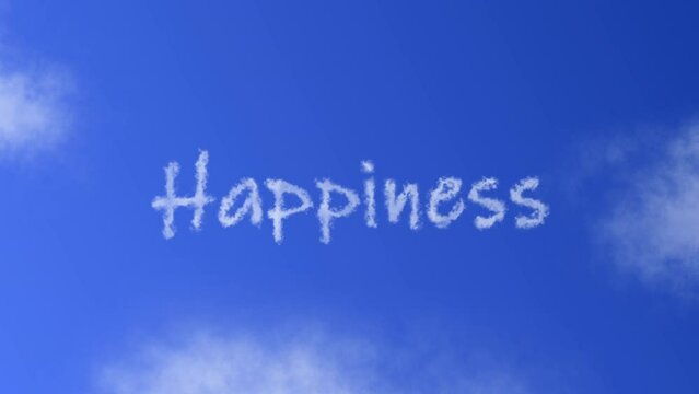 Happiness Text or Word with Cloud Effect Symbol Animation on Blue Sky