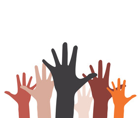 flat design isolated illustration of many palms pointing up depicting teamwork, togetherness, demonstration, collaboration, proposal, election, vote