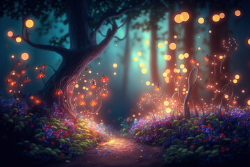 Fantasy fairy tale background with forest and blooming path. Fabulous fairytale outdoor garden and moonlight background. 