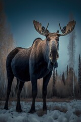 A close-up isolated Moose head face with big horns in the forest on a dark background generative ai