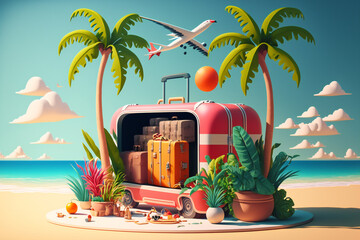 Fototapeta premium Escape to a tropical paradise with a summer beach scene featuring an airplane, suitcase, flamingo, and palm trees.