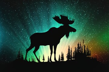 digital art of Silhouette of a moose with the night sky with stars gradient background, generative ai