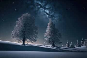Forest on a winter night, clear sky, snowdrifts and a snow-covered tree. Christmas postcard, 2023, winter background