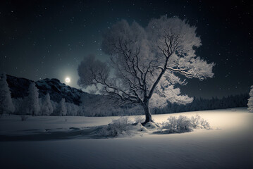 Forest on a winter night, clear sky with a full moon, snowdrifts and a snow-covered tree. Christmas postcard, 2023, winter background