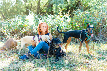 Woman sitting on a field surrounded by dogs