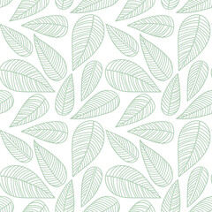 Green leaf art line seamless pattern. Nature background with leaves