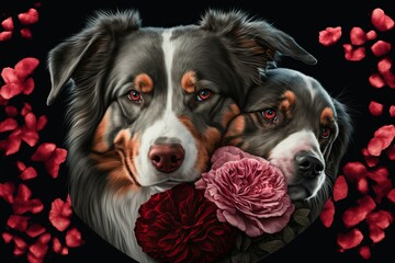 Rose Petal Animal Romance: A Valentine's Day Australian Shepherd Dog Couple Cuddle Amidst Red and Pink Roses (check my Portfolio for more Animal Species and Dog/Cat breeds)