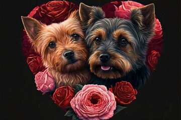 Valentine's Day Rose Cuddling Australian Terrier Dog Couple (generative AI)