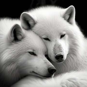 Valentine's Day Loving Cuddling Arctic Wolf Couple (generative AI)