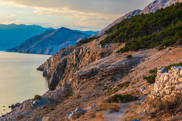 Fototapeta na wymiar landscape in the mountains sunset on the coast lake and mountains Croatia Baška mountain Croatia Baška sea Croatia Baška