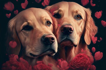 Valentine's Day Rose Cuddling Golden Retriever Dog Couple (generative AI)