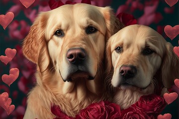 Valentine's Day Rose Cuddling Golden Retriever Dog Couple (generative AI)