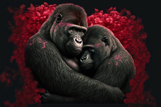 Valentine's Day Rose Cuddling Gorilla Couple: A Romantic Illustration of Love, Heart, and Engagement with Flowers (check my Portfolio for more Animal Species and Dog/Cat breeds)