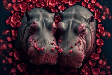 Valentine's Day Rose Cuddling Hippopotamus Couple (generative AI)