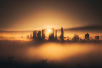 City building on sunrise or sunset, fog cover land.Generative AI.