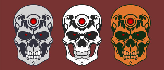 Set of vector colored scary human stylistic skulls with patterns. Mexican holiday in memory of the dead.