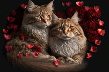 Valentine's Day Rose Cuddling Norwegian Forest Cat Couple (generative AI)